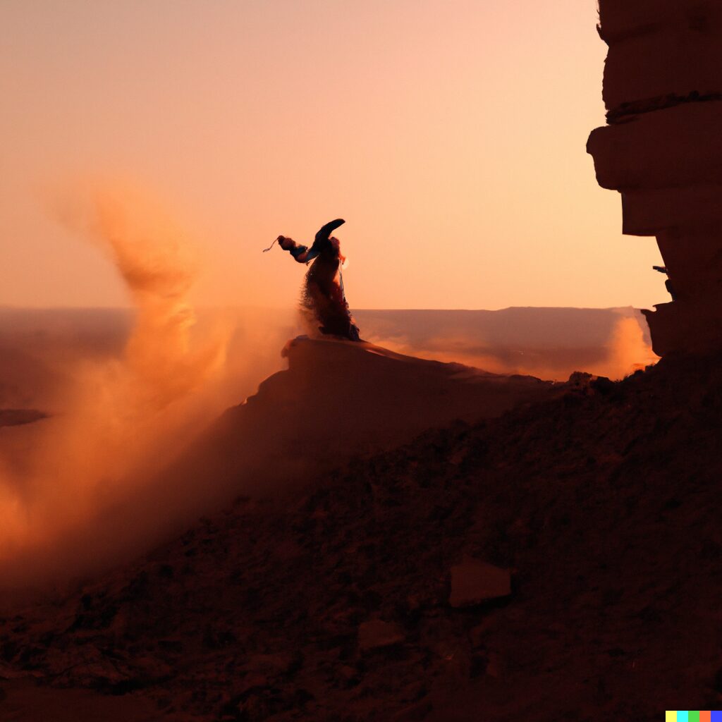 A djinn conjures a sandstorm at sunset.